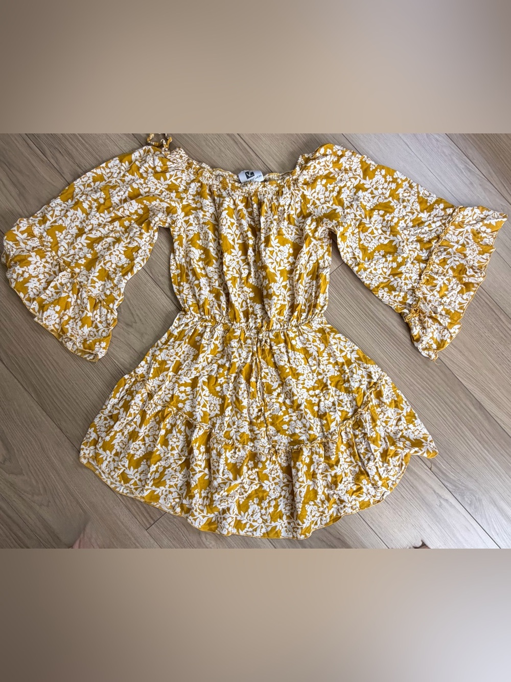 Vicky and Lucas Yellow Floral Off-Shoulder Dress with Bell Sleeves Sz S